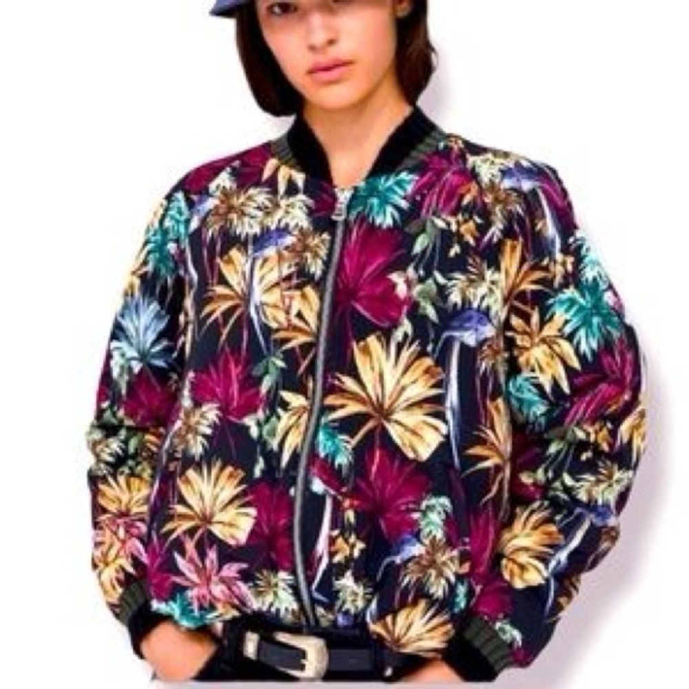 Zara Multicolour Leaf Print Bomber Jacket XS